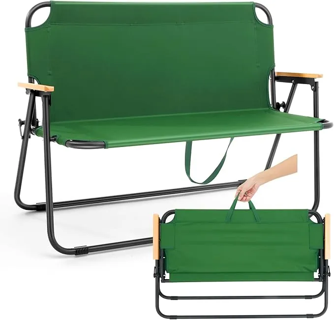 1 Pcs Folding Double Lawn and Camping Chair 2 Person Lightweight Weatherproof Chair Table Cot Bench for Backyard Patio or Campsite with Carry Bags Handles (Army Green)
