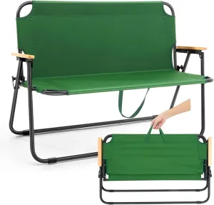 1 Pcs Folding Double Lawn and Camping Chair 2 Person Lightweight Weatherproof Chair Table Cot Bench for Backyard Patio or Campsite with Carry Bags Handles (Army Green)