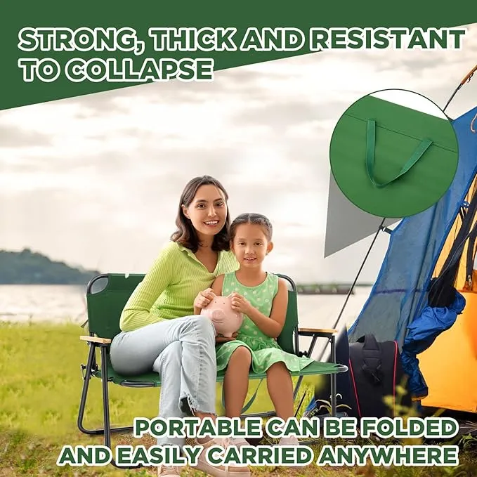 1 Pcs Folding Double Lawn and Camping Chair 2 Person Lightweight Weatherproof Chair Table Cot Bench for Backyard Patio or Campsite with Carry Bags Handles (Army Green)