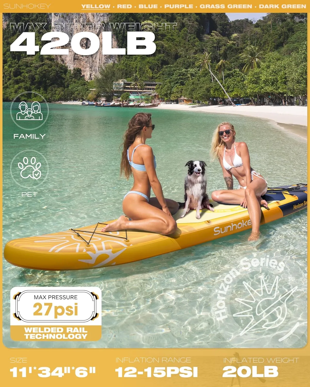 11'34'' Extra Wide Inflatable Paddle Board with Seam Welded Technology, Stand Up Paddle Board, 420lb Capacity for Adults, Sup Board for All-Level with 2-Blade Paddle/Dual-Action Pump/Leash