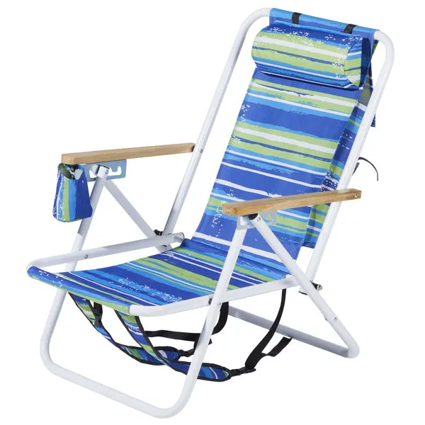 1pc Folding Beach Chair, 4 Position Portable Backpack Foldable Camping Chair with Headrest Cup Holder and Wooden Armrests, Blue & Green Stripes