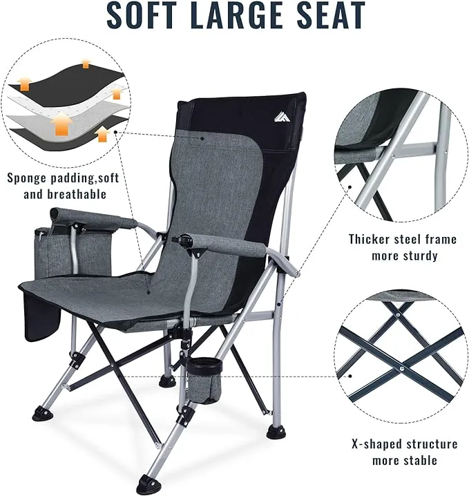 2 Pack Camping Chairs for Adults, Portable Hunting Chair Supports 350lbs, Oversized Heavy Duty Folding Chair for Camping Padded Seat Outdoor Lawn Folding Chair with Side Pockets