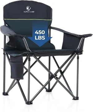 2 Pack Oversized Folding Camping Chairs High Back Heavy Duty Padded Lawn Chair for Adults Support up to 450lbs with Cup Holder, Side Pocket Cooler Bag, Green