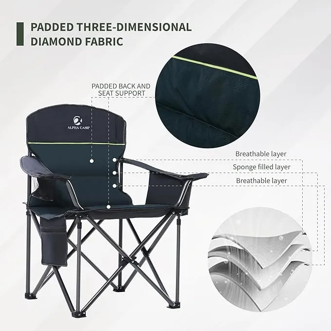 2 Pack Oversized Folding Camping Chairs High Back Heavy Duty Padded Lawn Chair for Adults Support up to 450lbs with Cup Holder, Side Pocket Cooler Bag, Green