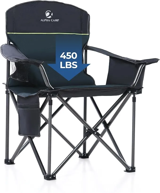 2 Pack Oversized Folding Camping Chairs High Back Heavy Duty Padded Lawn Chair for Adults Support up to 450lbs with Cup Holder, Side Pocket Cooler Bag, Green