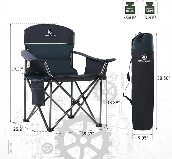 2 Pack Oversized Folding Camping Chairs High Back Heavy Duty Padded Lawn Chair for Adults Support up to 450lbs with Cup Holder, Side Pocket Cooler Bag, Green