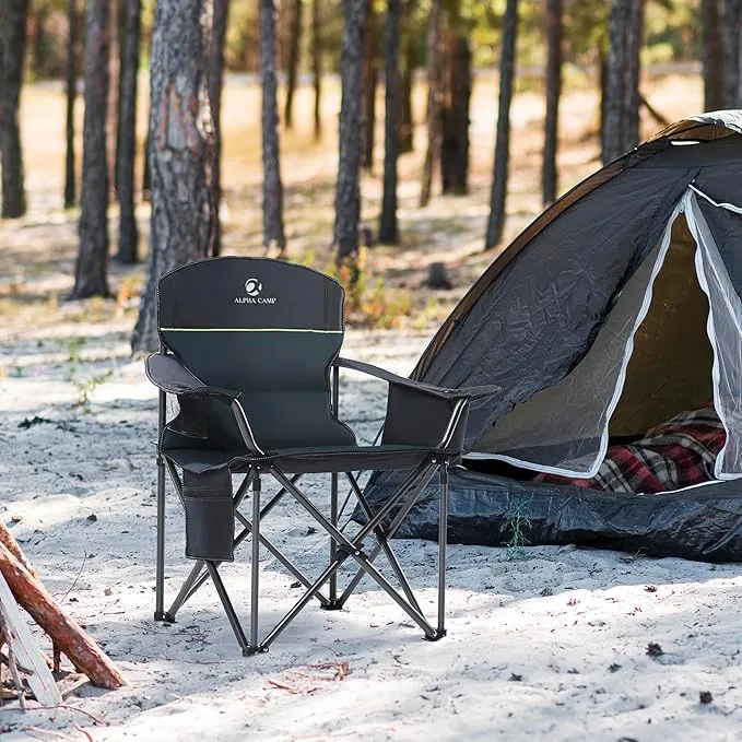 2 Pack Oversized Folding Camping Chairs High Back Heavy Duty Padded Lawn Chair for Adults Support up to 450lbs with Cup Holder, Side Pocket Cooler Bag, Green
