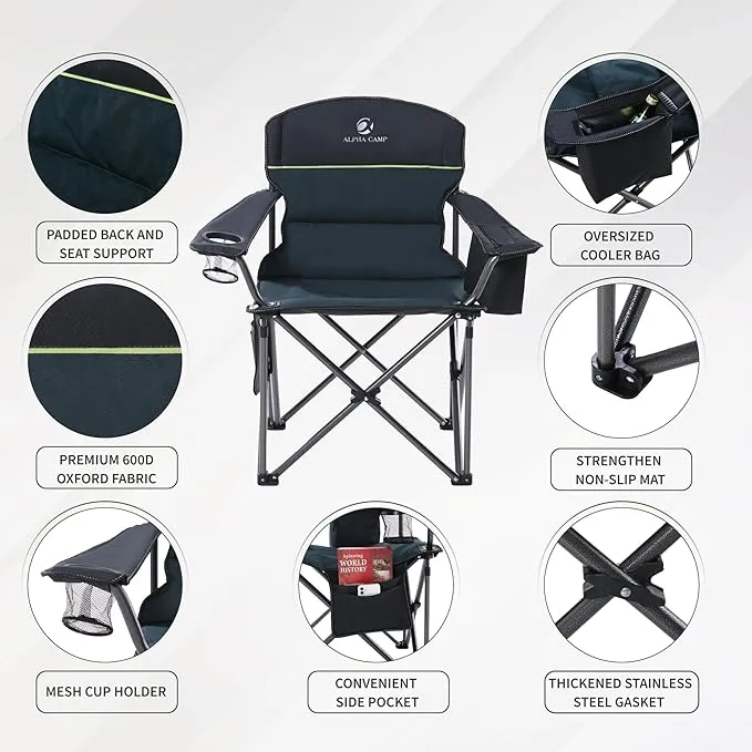 2 Pack Oversized Folding Camping Chairs High Back Heavy Duty Padded Lawn Chair for Adults Support up to 450lbs with Cup Holder, Side Pocket Cooler Bag, Green