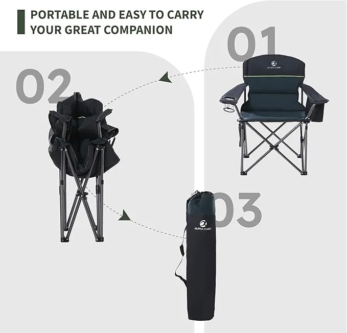 2 Pack Oversized Folding Camping Chairs High Back Heavy Duty Padded Lawn Chair for Adults Support up to 450lbs with Cup Holder, Side Pocket Cooler Bag, Green