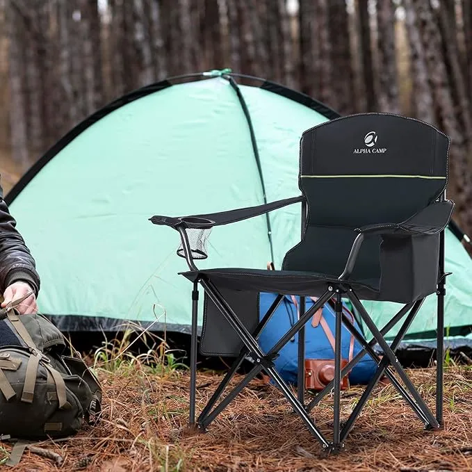 2 Pack Oversized Folding Camping Chairs High Back Heavy Duty Padded Lawn Chair for Adults Support up to 450lbs with Cup Holder, Side Pocket Cooler Bag, Green