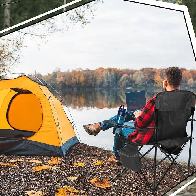 2 Pack Oversized Portable Camping Chair Heavy Duty Folding Lawn Chairs Collapsible Camp Chairs with Cooler Side Pocket Cup Holder Carry Bag for Adults Outdoor Tailgates Beach Sports (Black)