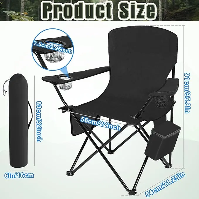 2 Pack Oversized Portable Camping Chair Heavy Duty Folding Lawn Chairs Collapsible Camp Chairs with Cooler Side Pocket Cup Holder Carry Bag for Adults Outdoor Tailgates Beach Sports (Black)