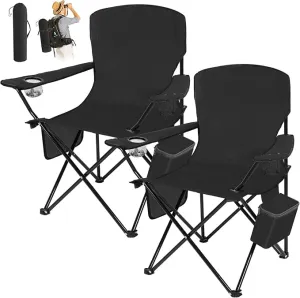 2 Pack Oversized Portable Camping Chair Heavy Duty Folding Lawn Chairs Collapsible Camp Chairs with Cooler Side Pocket Cup Holder Carry Bag for Adults Outdoor Tailgates Beach Sports (Black)