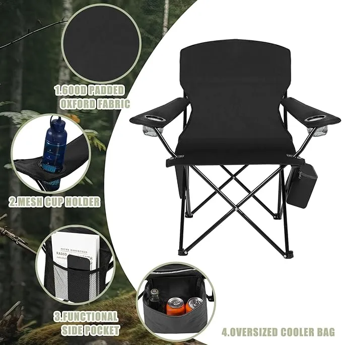2 Pack Oversized Portable Camping Chair Heavy Duty Folding Lawn Chairs Collapsible Camp Chairs with Cooler Side Pocket Cup Holder Carry Bag for Adults Outdoor Tailgates Beach Sports (Black)