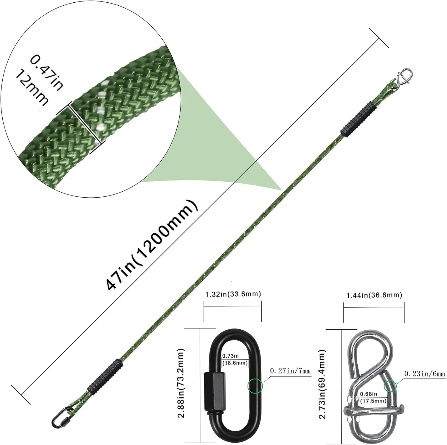 2 PC Heavy Duty Tree Swing Ropes Hammock,Tree Swings Hanging Straps,Adjustable Extendable,for Outdoor Swings Hammock Playground Set Accessories 3.91ft(47") X2, Green