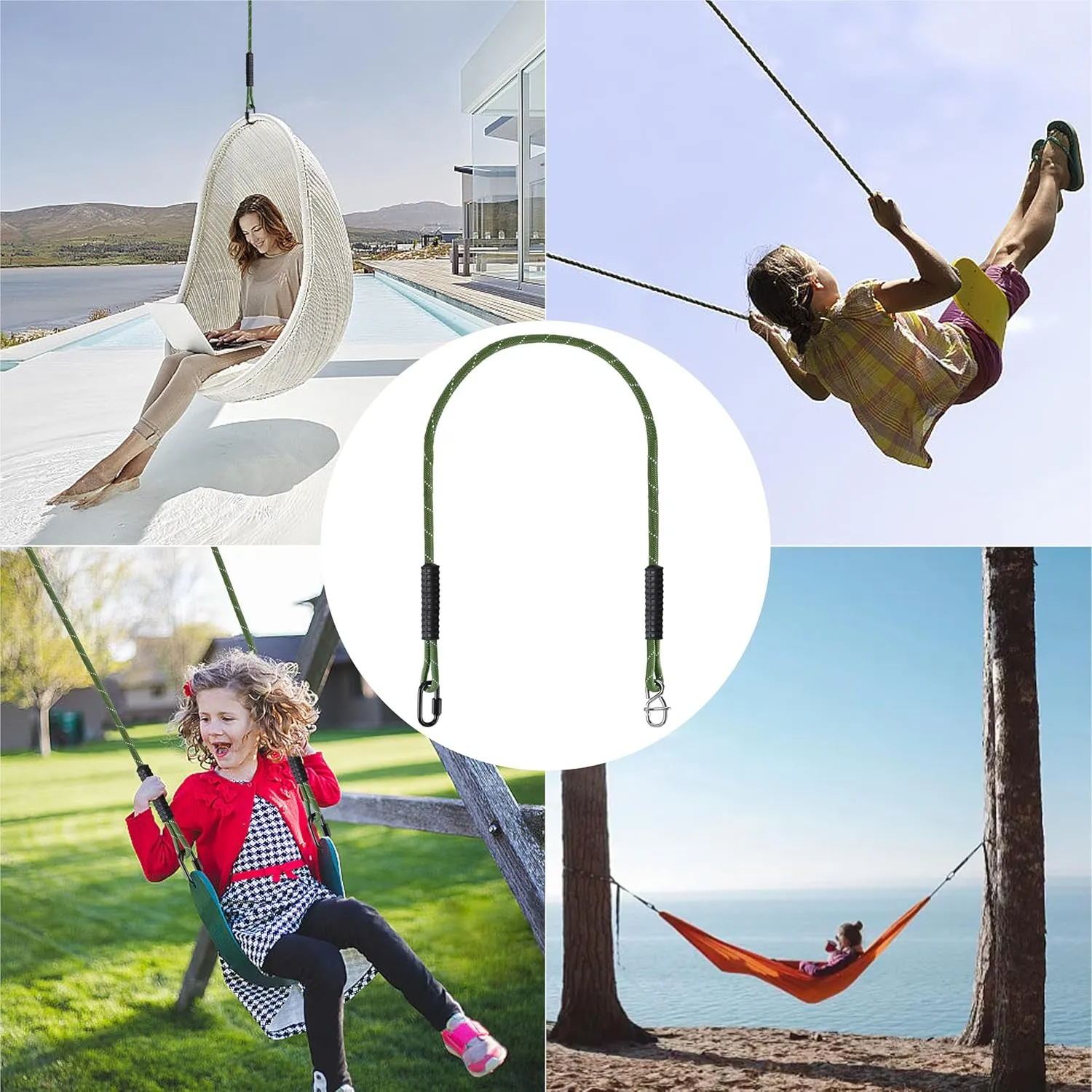 2 PC Heavy Duty Tree Swing Ropes Hammock,Tree Swings Hanging Straps,Adjustable Extendable,for Outdoor Swings Hammock Playground Set Accessories 3.91ft(47") X2, Green