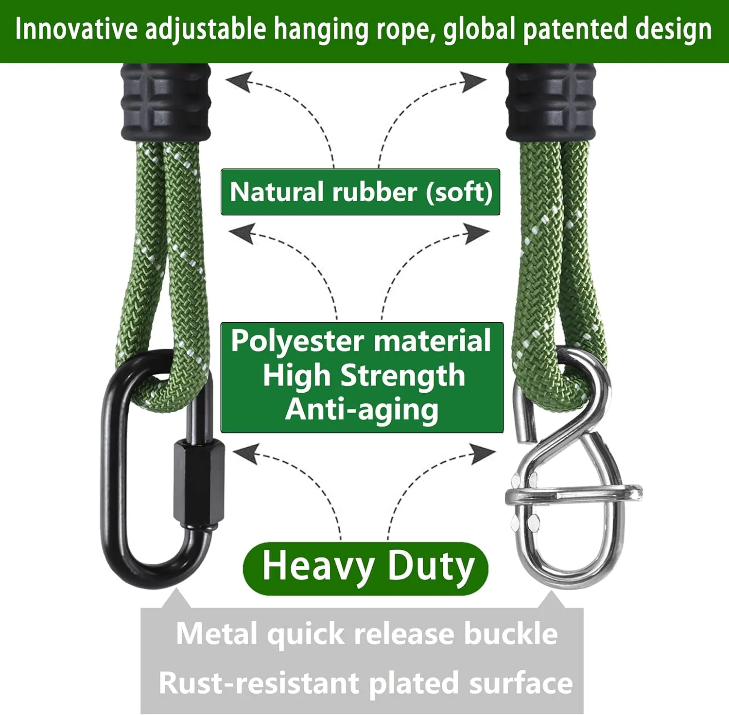 2 PC Heavy Duty Tree Swing Ropes Hammock,Tree Swings Hanging Straps,Adjustable Extendable,for Outdoor Swings Hammock Playground Set Accessories 3.91ft(47") X2, Green