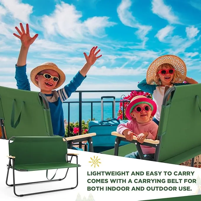 2 Pcs Folding Double Lawn and Camping Chair 2 Person Lightweight Weatherproof Chair Table Cot Bench for Backyard Patio or Campsite with Carry Bags Handles (Army Green)