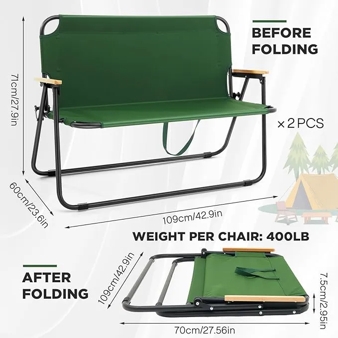 2 Pcs Folding Double Lawn and Camping Chair 2 Person Lightweight Weatherproof Chair Table Cot Bench for Backyard Patio or Campsite with Carry Bags Handles (Army Green)