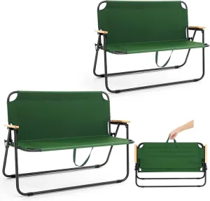 2 Pcs Folding Double Lawn and Camping Chair 2 Person Lightweight Weatherproof Chair Table Cot Bench for Backyard Patio or Campsite with Carry Bags Handles (Army Green)