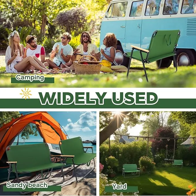 2 Pcs Folding Double Lawn and Camping Chair 2 Person Lightweight Weatherproof Chair Table Cot Bench for Backyard Patio or Campsite with Carry Bags Handles (Army Green)