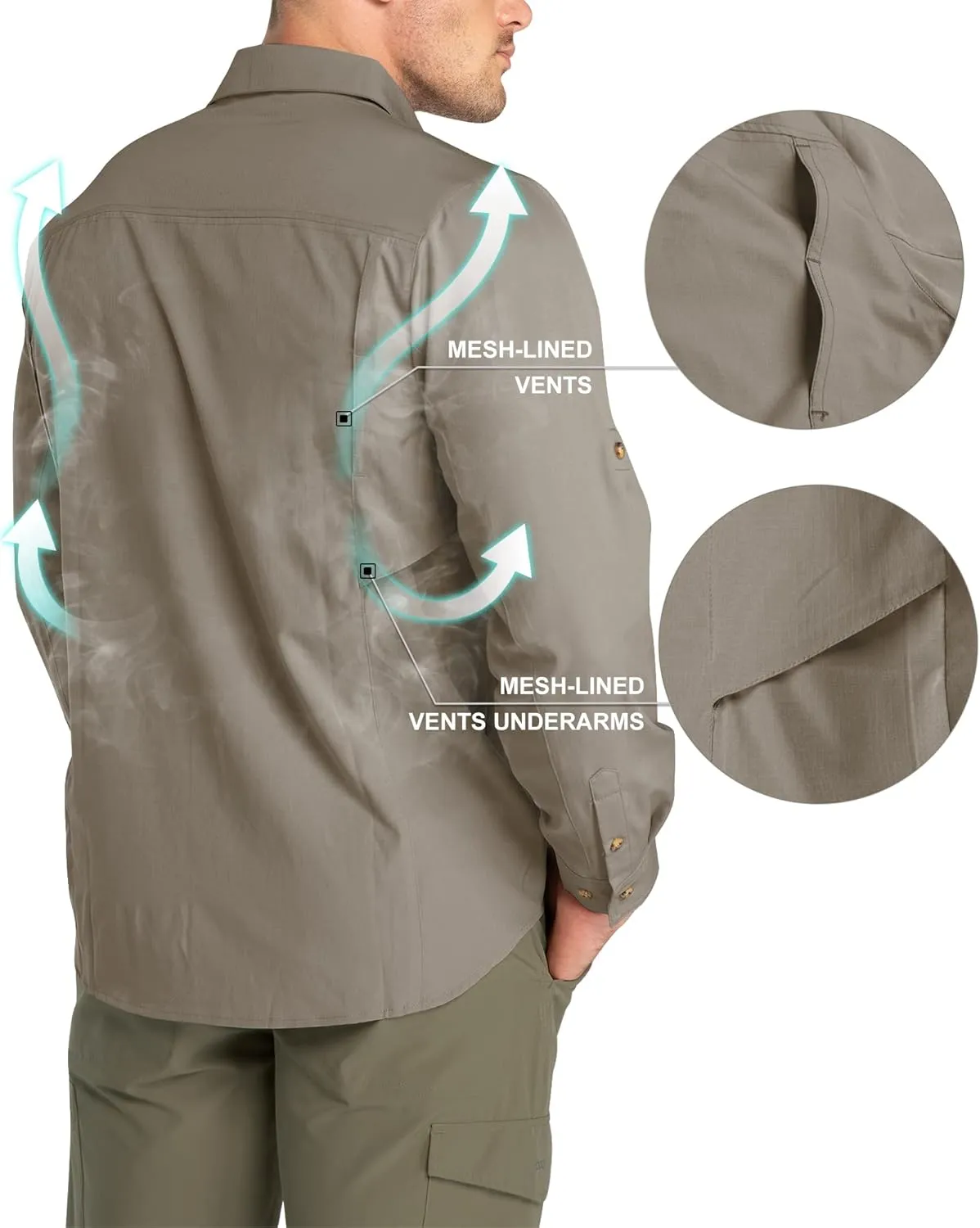 33,000ft Men's Long Sleeve Hiking Shirts Lightweight Quick Dry Sun Protection UV UPF 50 Fishing Shirt Outdoor Safari Travel