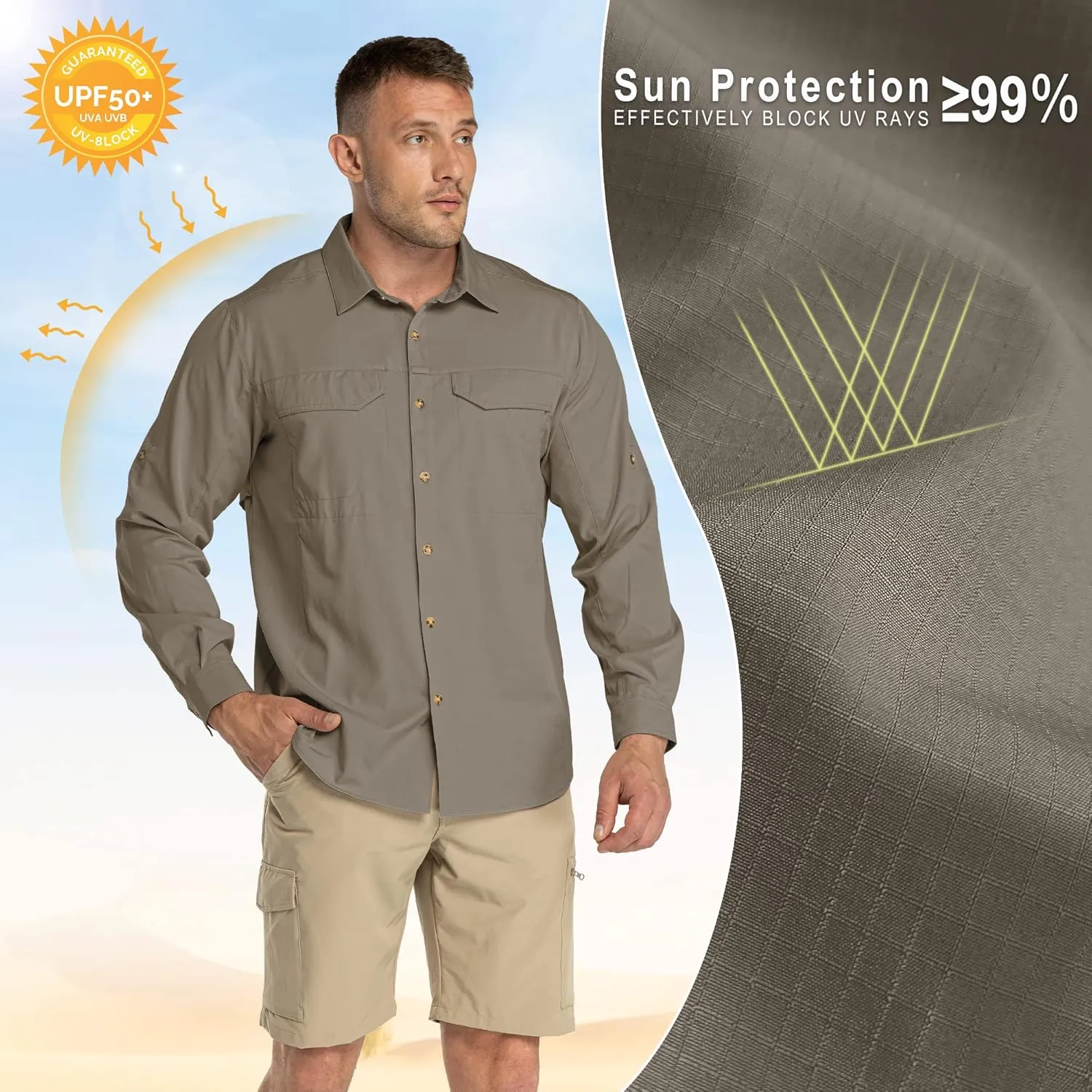 33,000ft Men's Long Sleeve Hiking Shirts Lightweight Quick Dry Sun Protection UV UPF 50 Fishing Shirt Outdoor Safari Travel