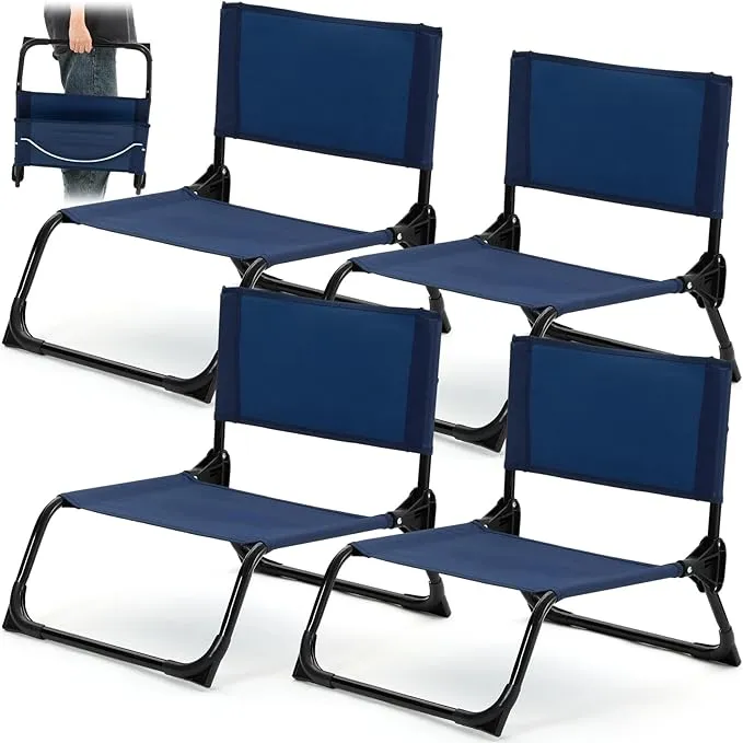 4 Pcs Folding Low Beach Chair with Shoulder Strap Lightweight Camping Chair Portable Outdoor Sand Chair Foldable Lawn Chair Support 300lbs for Beach Camping Hiking Park Patio(Navy Blue)