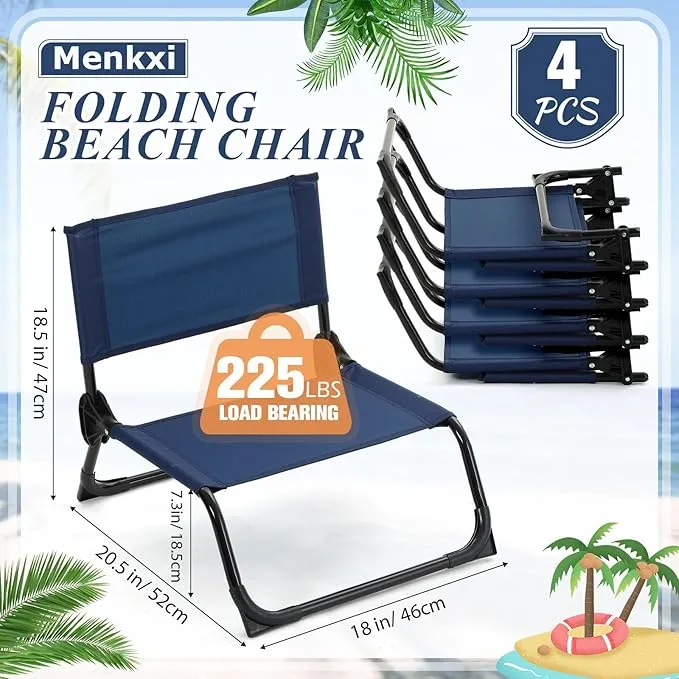 4 Pcs Folding Low Beach Chair with Shoulder Strap Lightweight Camping Chair Portable Outdoor Sand Chair Foldable Lawn Chair Support 300lbs for Beach Camping Hiking Park Patio(Navy Blue)