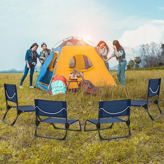 4 Pcs Folding Low Beach Chair with Shoulder Strap Lightweight Camping Chair Portable Outdoor Sand Chair Foldable Lawn Chair Support 300lbs for Beach Camping Hiking Park Patio(Navy Blue)