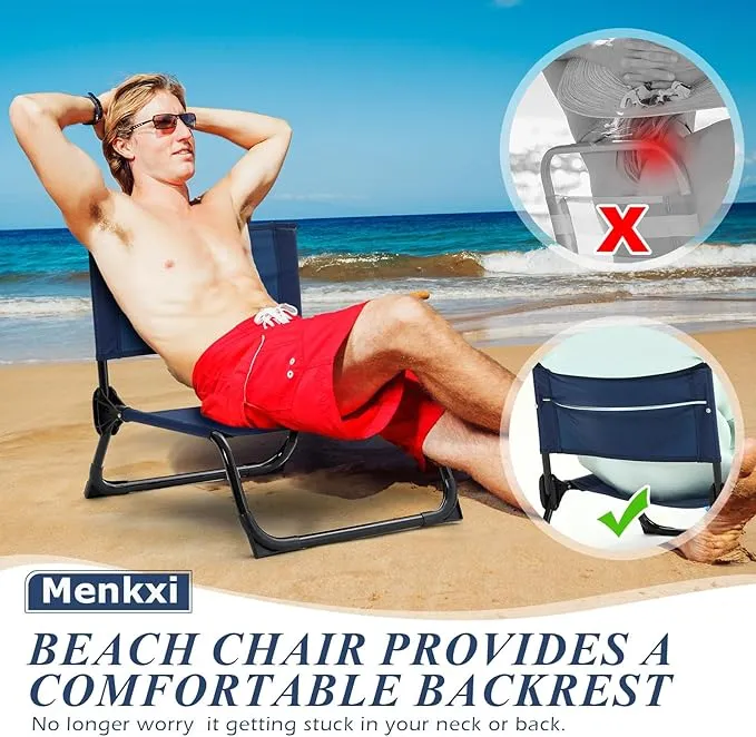 4 Pcs Folding Low Beach Chair with Shoulder Strap Lightweight Camping Chair Portable Outdoor Sand Chair Foldable Lawn Chair Support 300lbs for Beach Camping Hiking Park Patio(Navy Blue)