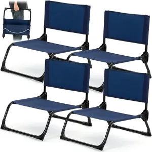 4 Pcs Folding Low Beach Chair with Shoulder Strap Lightweight Camping Chair Portable Outdoor Sand Chair Foldable Lawn Chair Support 300lbs for Beach Camping Hiking Park Patio(Navy Blue)