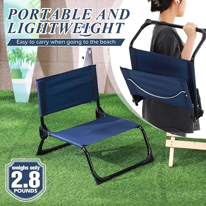 4 Pcs Folding Low Beach Chair with Shoulder Strap Lightweight Camping Chair Portable Outdoor Sand Chair Foldable Lawn Chair Support 300lbs for Beach Camping Hiking Park Patio(Navy Blue)
