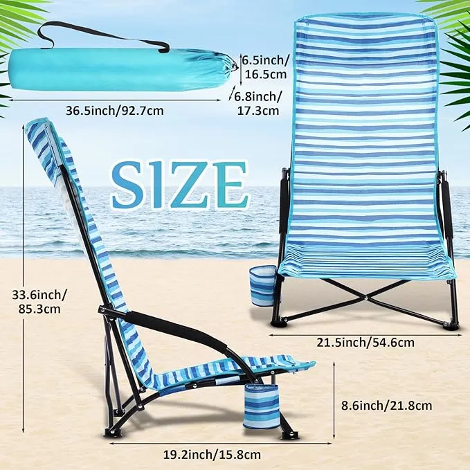 6 Pack Low Beach Chairs, Portable Lightweight Folding Chair for Adults, Low Seat Camping Chairs with Cup Holder, Carry Bag for Outdoor Beach Lawn Sand Picnic Travel(High Back, Blue Strips)