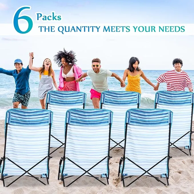 6 Pack Low Beach Chairs, Portable Lightweight Folding Chair for Adults, Low Seat Camping Chairs with Cup Holder, Carry Bag for Outdoor Beach Lawn Sand Picnic Travel(High Back, Blue Strips)