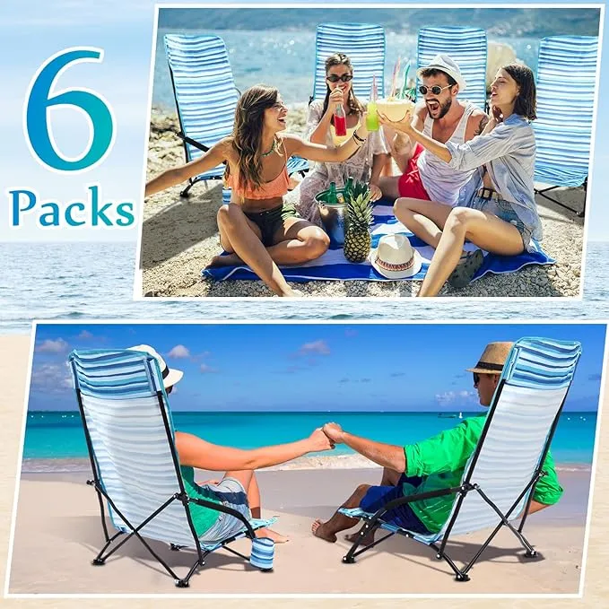 6 Pack Low Beach Chairs, Portable Lightweight Folding Chair for Adults, Low Seat Camping Chairs with Cup Holder, Carry Bag for Outdoor Beach Lawn Sand Picnic Travel(High Back, Blue Strips)