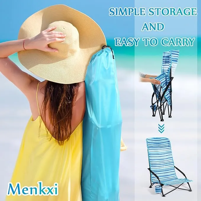 6 Pack Low Beach Chairs, Portable Lightweight Folding Chair for Adults, Low Seat Camping Chairs with Cup Holder, Carry Bag for Outdoor Beach Lawn Sand Picnic Travel(High Back, Blue Strips)