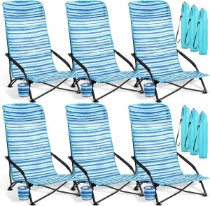 6 Pack Low Beach Chairs, Portable Lightweight Folding Chair for Adults, Low Seat Camping Chairs with Cup Holder, Carry Bag for Outdoor Beach Lawn Sand Picnic Travel(High Back, Blue Strips)