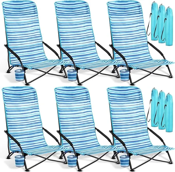 6 Pack Low Beach Chairs, Portable Lightweight Folding Chair for Adults, Low Seat Camping Chairs with Cup Holder, Carry Bag for Outdoor Beach Lawn Sand Picnic Travel(High Back, Blue Strips)