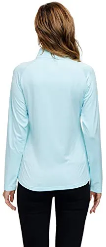 AjezMax Ladies Long Sleeve Top Running Shirts Jackets Half Zipper Yoga Gym Workout Fitness Tee Shirts Women Light-Blue Size L