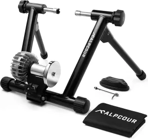 Alpcour Fluid Bike Trainer Stand for Indoor Riding  Portable Foldable Stainless Steel Trainer, Noise Reduction, Progressive Resistance, Dual-Lock System  Road & Mountain Bikes' Stationary Exercise