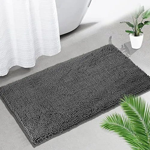 BOANKODU Bathroom Rugs 20x34 Inches, Luxury Chenille Extra Soft and Absorbent Shag Bathroom Rugs, Machine Wash Mat, Strong PVC Non-Slip Underside, Plush Carpet Mats, Light Grey