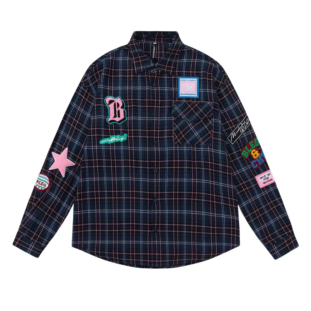 Boxy fit flannel plaid shirt with embroidered patches