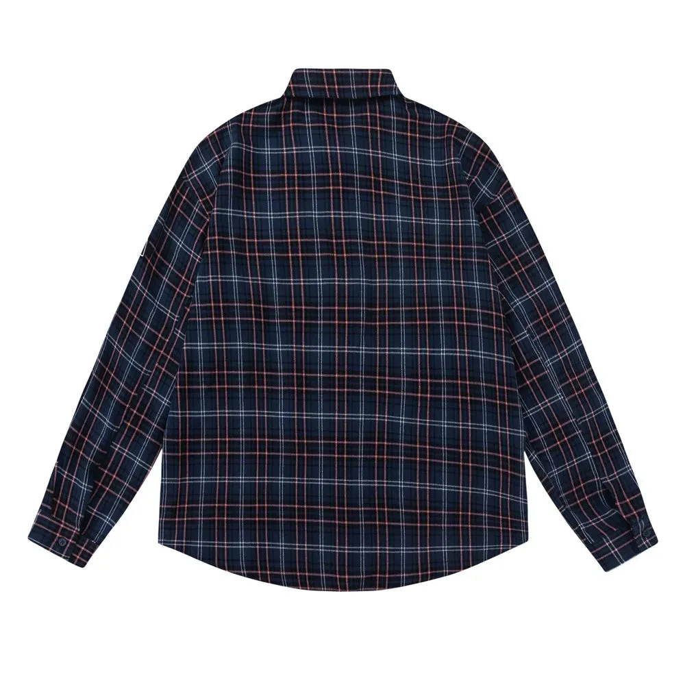 Boxy fit flannel plaid shirt with embroidered patches