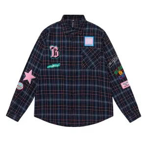 Boxy fit flannel plaid shirt with embroidered patches