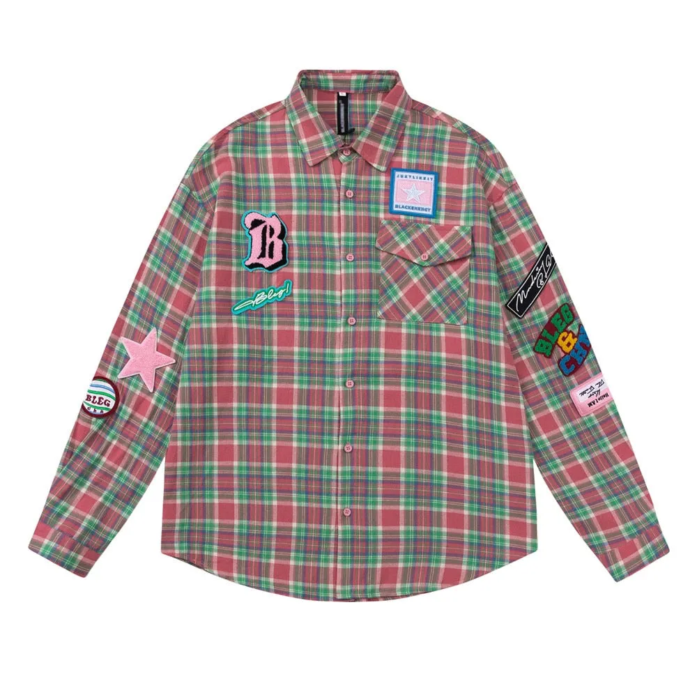 Boxy fit flannel plaid shirt with embroidered patches