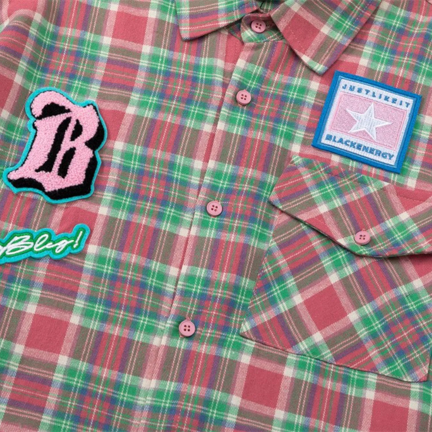 Boxy fit flannel plaid shirt with embroidered patches