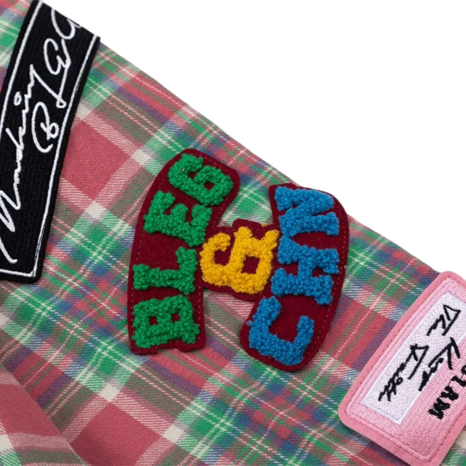 Boxy fit flannel plaid shirt with embroidered patches
