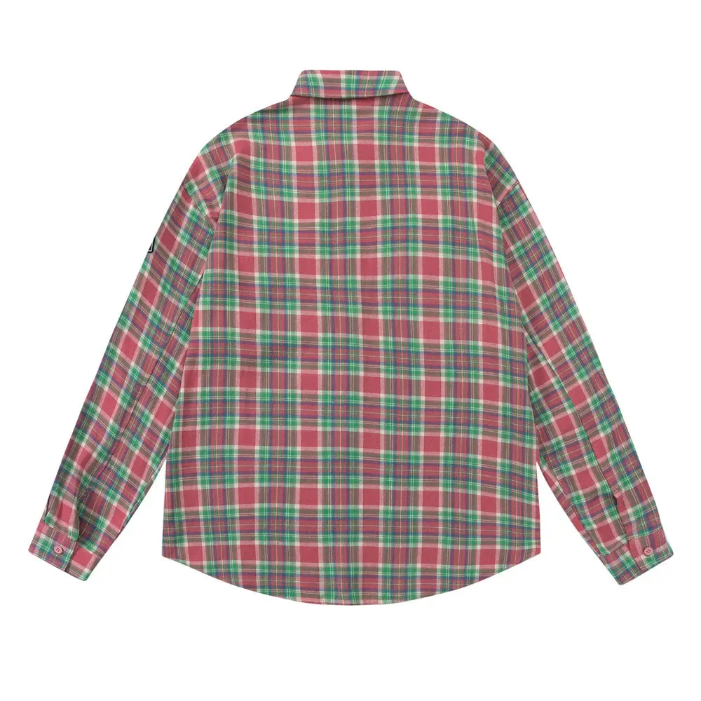 Boxy fit flannel plaid shirt with embroidered patches