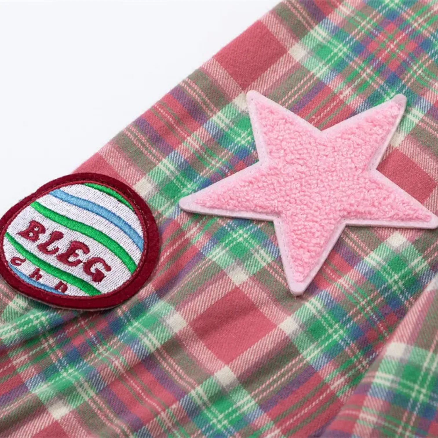 Boxy fit flannel plaid shirt with embroidered patches